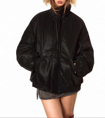 Women's Black Vintage Wash Faux Leather Padded Bomber Jacket Black