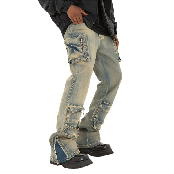 Men's Golden Mud Vintage Patchwork Micro-Flare Jeans Loose Casual Bootcut in Washed Yellow