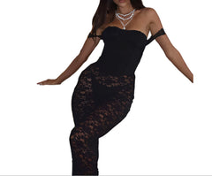 Elegant Tube Top Maxi Dress Premium Lace Stitching, Hollow Bodice & Fishbone Waist Design