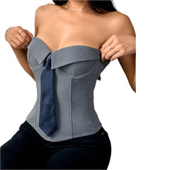 Gray Women's Strapless Corset Bandeau Top  Solid Color Tube Top with Tie Front Design