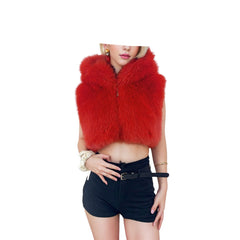 Cropped Faux Fur Jacket  Zip-Up Hooded Sleeveless Midriff-Baring Top