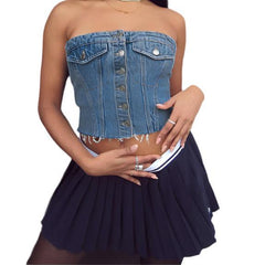 Trendy Tatter Denim Button Tube Top
