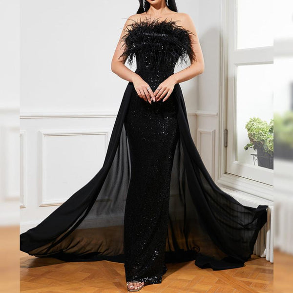 Women's Backless Long Sequined Prom Dress – Sleeveless Wrapped Chest Evening Gown
