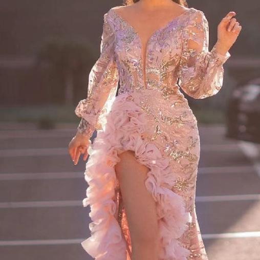 Women's Sequin Pink Long Mesh Prom Dress – Elegant Trail Evening Gown