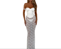 White Luxury Tube Top Maxi Dress – Elegant Lace Skirt & Fishbone Corset Waist