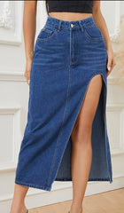 Chic and Edgy: Women's Irregular Slit Denim Long Skirt for Fashionistas