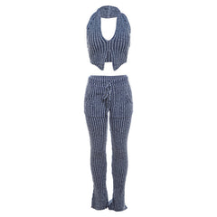 Backless Halter Top & Straight Leg Pant Set Ruched Slinky Style