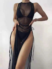 Getaway Glam: Vacation-Ready Swimsuit Set with Solid Color and Mesh Split