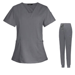 Women's Gray Evolve Healthcare Jogger Scrub Set - V-Neck Cargo & Short-Sleeved Nurse Uniform