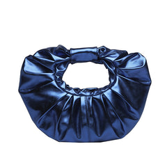 Blue Metallic Women's Trendy Oval Ruched Faux Leather Shoulder Stylish and Versatile Handbag 