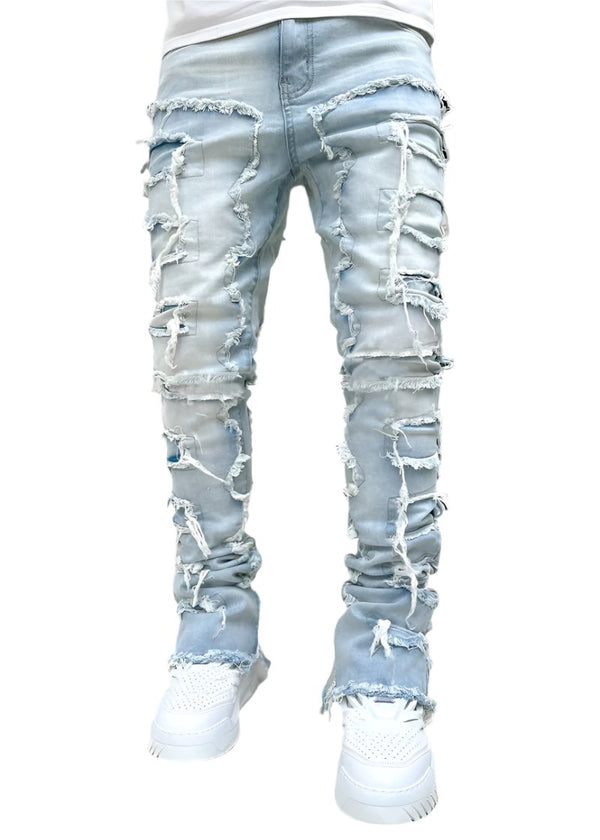Light Blue Men's Stretch Patch Denim Straight Leg Pants Comfortable Jeans with Unique Design