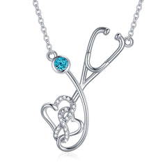 Light Blue Healing Heart Sterling Silver Nurse Stethoscope Necklace Pendant