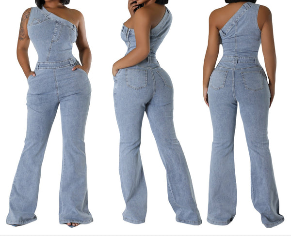 Spring Light Blue Trendy Slant Shoulder Denim Tight Waist, Slim Fit Jumpsuit