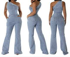 Spring Light Blue Trendy Slant Shoulder Denim Tight Waist, Slim Fit Jumpsuit