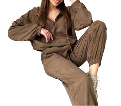Brown Women's Fashion Long Sleeve Relaxed Hooded Lounge Jogger Set