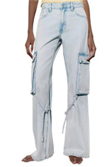 Light Blue Women's Loose Fit Mid-Waist Cargo Jeans with Adjustable Straps | Trendy Streetwear Denim Pants