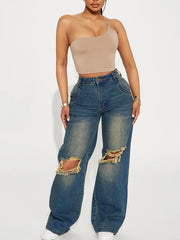 Blue High-Waisted Vintage Wide-Leg Ripped Jeans for Women  Retro Wash Denim