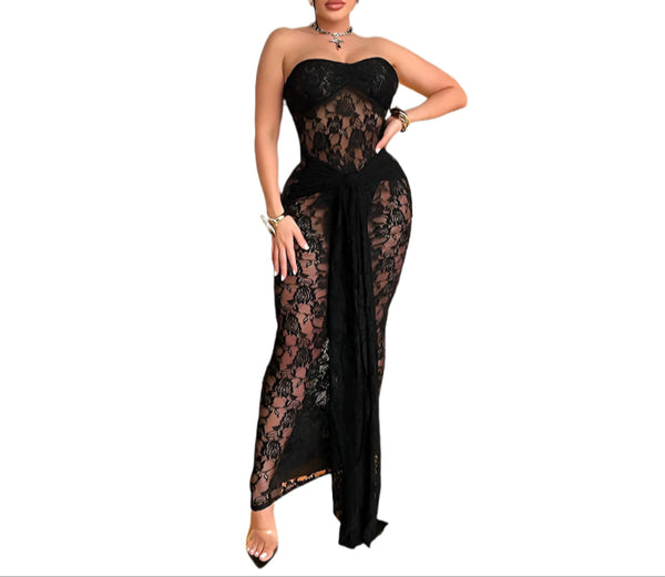 Black Elegant Backless Sheer Lace Maxi Dress Long Formal Evening Gown