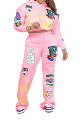 Chic Long-Sleeved Varsity Print Two-Piece Sweater Set - Fashionable & Comfortable