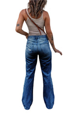 Women’s Ripped Stretch Baggy Jeans  Medium Wash Mid-Rise Flap Pocket Bootcut Denim