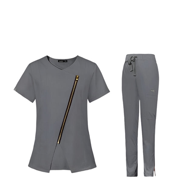 Gray Sydney Spring Women's Medical Scrub Set  Short Sleeve Zipper Top & Nurse Pant
