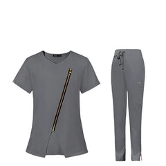 Gray Sydney Spring Women's Medical Scrub Set  Short Sleeve Zipper Top & Nurse Pant