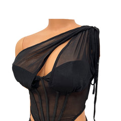 Ruffle Mesh Two-Piece Clubwear Set – Cut-Out Crop Tank Top & Flare Pants