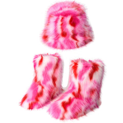 Women's Warm Plush Boots & Colorful Fur Bucket Hat Set – Cozy Winter Footwear & Hat Combo
