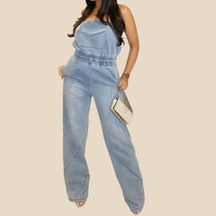 Trendy Stitched Backless Pocket Denim Jumpsuit - Perfect Fit and Style