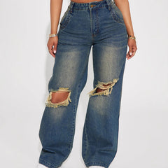 Blue Summer High-Waisted Vintage Wide-Leg Ripped Jeans for Women  Retro Wash Denim