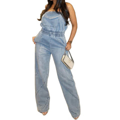 Trendy Stitched Backless Pocket Denim Jumpsuit - Perfect Fit and Style