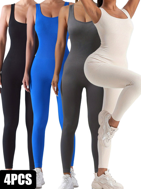 Women's 4-Pack Solid Color Snatched One-Piece Jumpsuit , Form-Fitting Activewear for Everyday Workouts