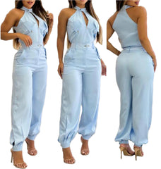 Light Blue Women's 2-Piece Halter Neck Set – High Waist Pants & Top Summer Outfit