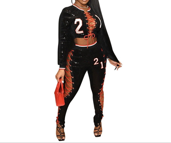 Black Women's Sequin Long Sleeve Shirt & Lace-Up Pencil Pant Set Stylish Fashion Outfit for Parties & Night Out or Super Bowl Outfits