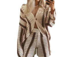 Chic Vibe Women's Knitted Striped Lounge Set – V-Neck Hollow Top & Wide Leg Pants