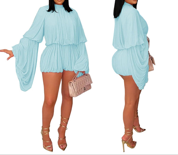 Light Blue Chic Long Sleeve Pleated Romper for Women