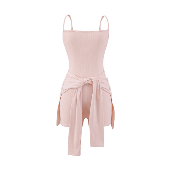 Women's Tie Knot Skort Romper Sleeveless Faux Wrap Belted Summer Jumpsuit