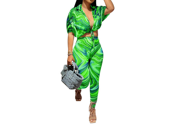 Green Short Sleeve Crop Top & Legging Set – 2-Piece Casual Outfit for Women