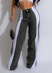 Fashion Casual High Waist Three Stripe Denim Wide Leg Pants