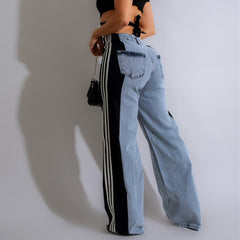 Fashion Casual High Waist Three Stripe Denim Wide Leg Pants