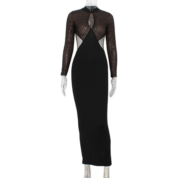 Women's Cut-Out Long Sleeve Sequin Mesh Maxi Dress Backless Mock Neck Tight Fit