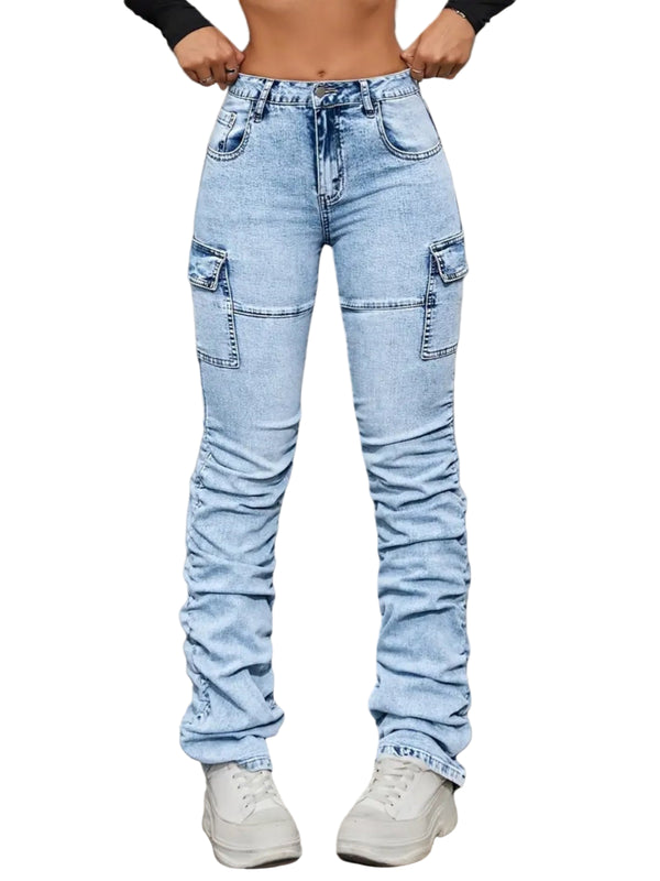 Plus Size Women’s Light Wash Distressed Cargo Stacked Jeans