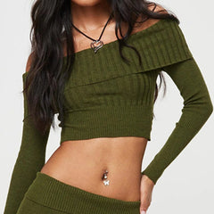 Green Off-Shoulder Knitted Crop Sweater Trendy Long Sleeve Short Top