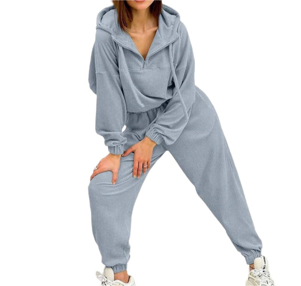 Blue Women's Fashion Long Sleeve Relaxed Hooded Lounge Jogger Set
