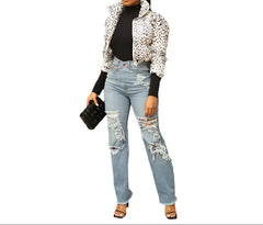 Women’s Washed High Waisted Ripped Jeans Straight Leg Premium Fit