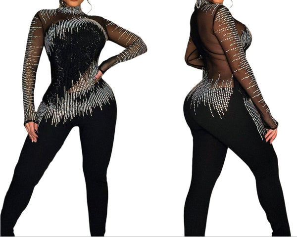  Women’s Black Rhinestone Mesh Long Sleeve Elegant Jumpsuit 