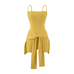 Yellow Women's Tie Knot Skort Romper Sleeveless Faux Wrap Belted Summer Jumpsuit