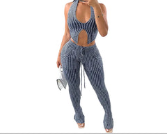 Backless Halter Top & Straight Leg Pant Set Ruched Slinky Style