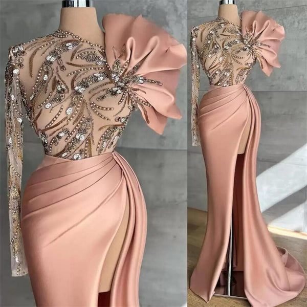 Elegant Long Sleeve Sequin Prom Dress with High Split