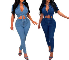 Women’s Slim Fit Denim Jumpsuit – Short Sleeve Casual One-Piece Romper